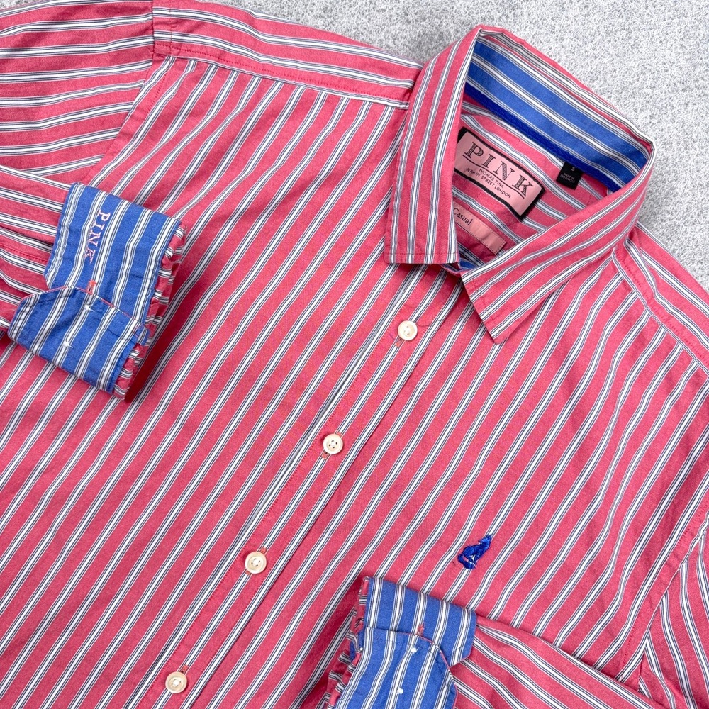 Thomas Pink Shirt Men Small Pink Button Up Dress Flip Cuff Poplin Casual Fit Fox